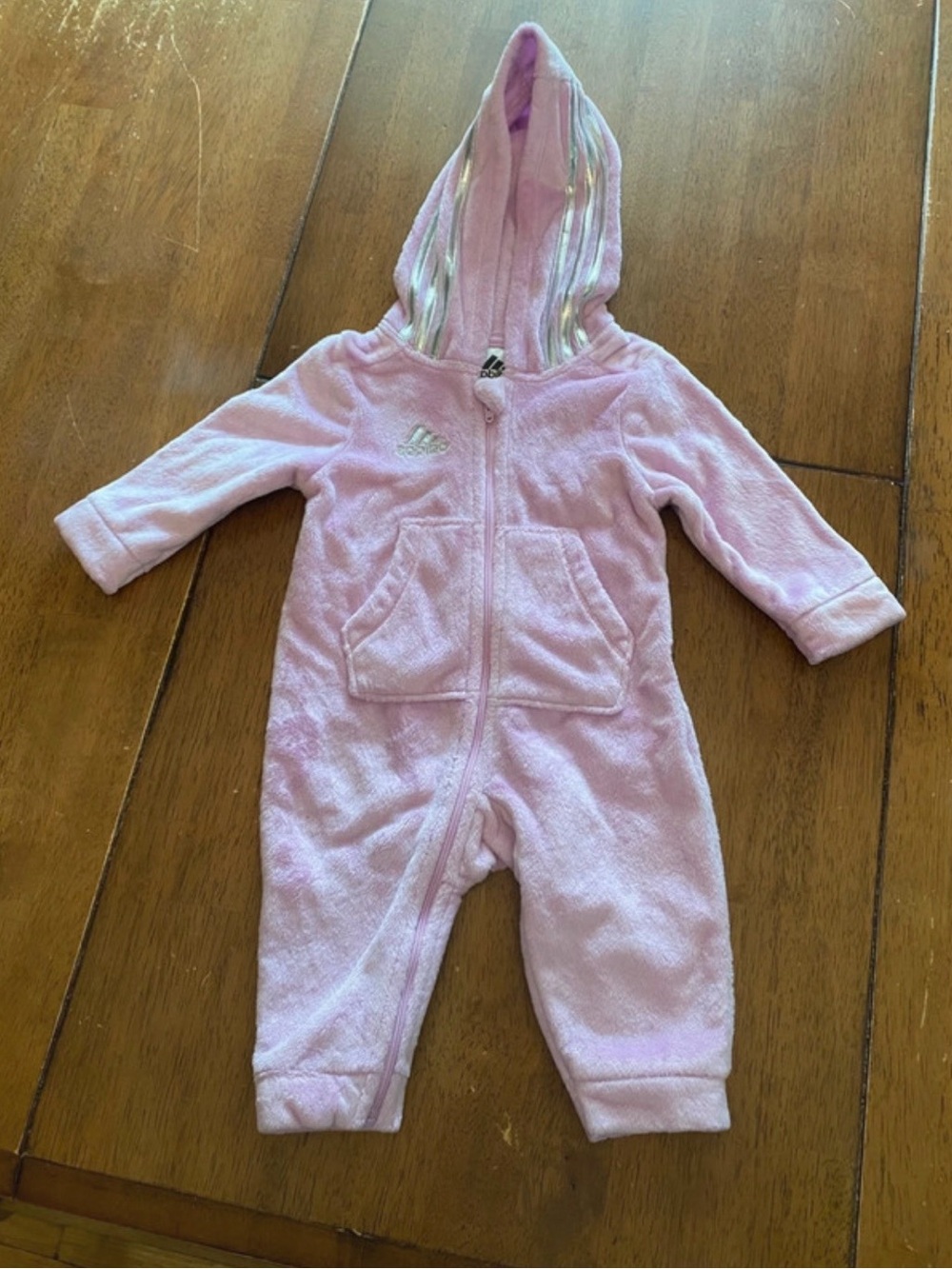 adidas Pink Hooded Baby Fleece One-Piece Romper